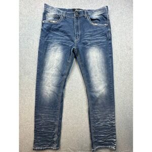 True Luck Mens Medium Wash Distressed Whiskered Straight Leg Jeans 36x32 Blue